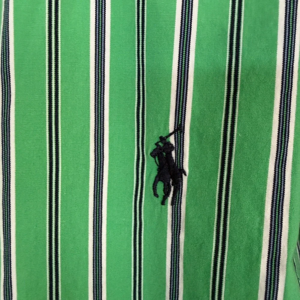 Ralph Lauren Boys 10 Slim Fit Green Striped Button Down‎ Long Sleeve Shirt